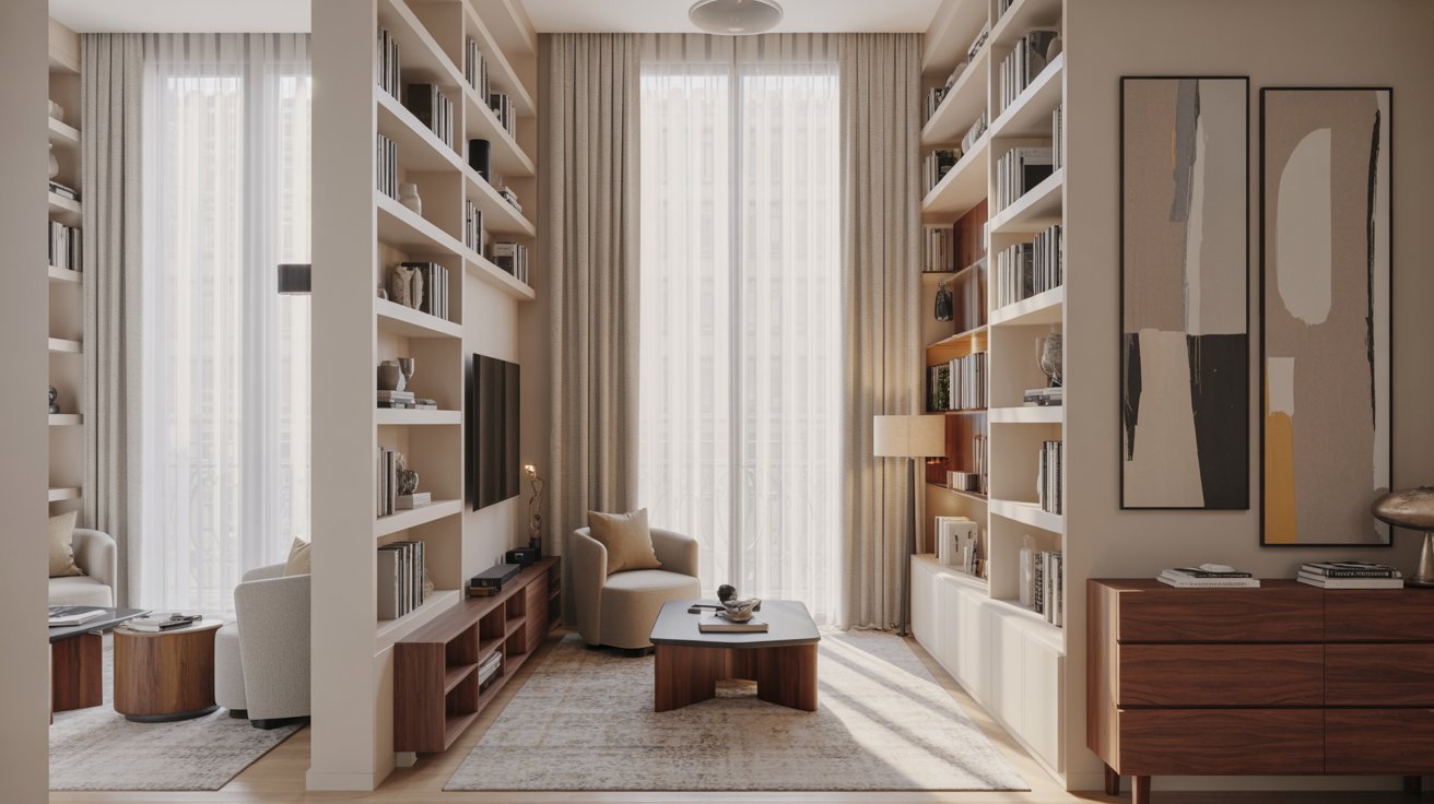 A modern living room with tall bookshelves flanking a large window with sheer curtains. Neutral tones, cozy chairs, abstract art, and a wooden coffee table.