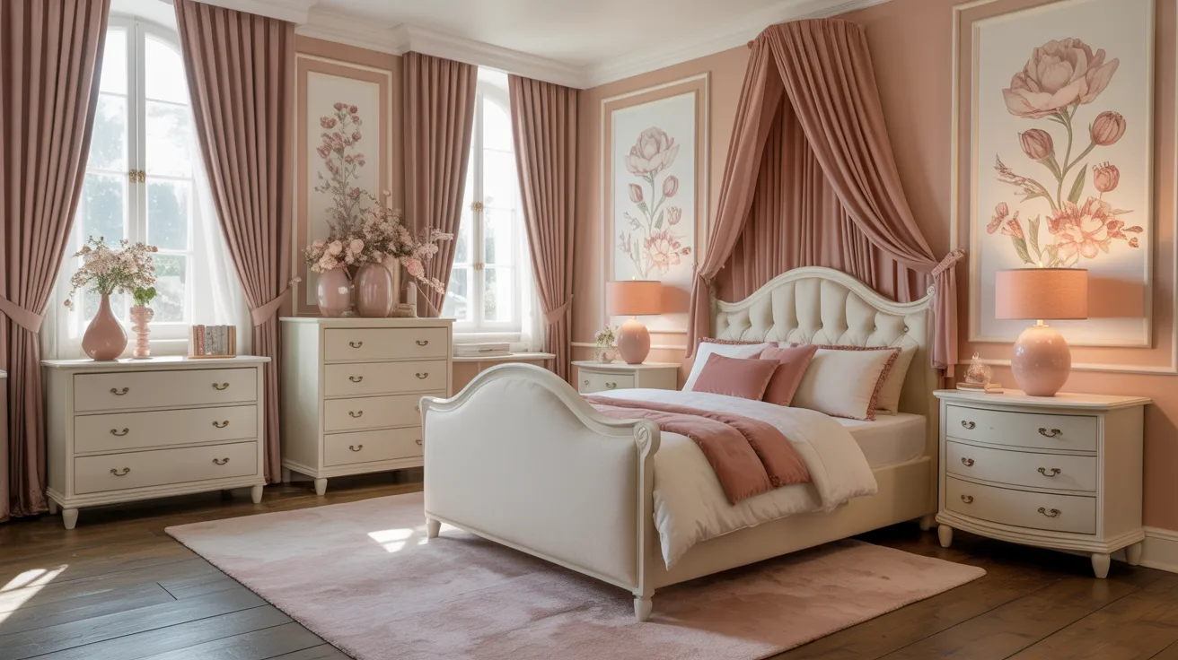 Elegant bedroom with white furniture, pink accents, and floral decor. Soft lighting, pink curtains, and large windows create a serene, cozy atmosphere.