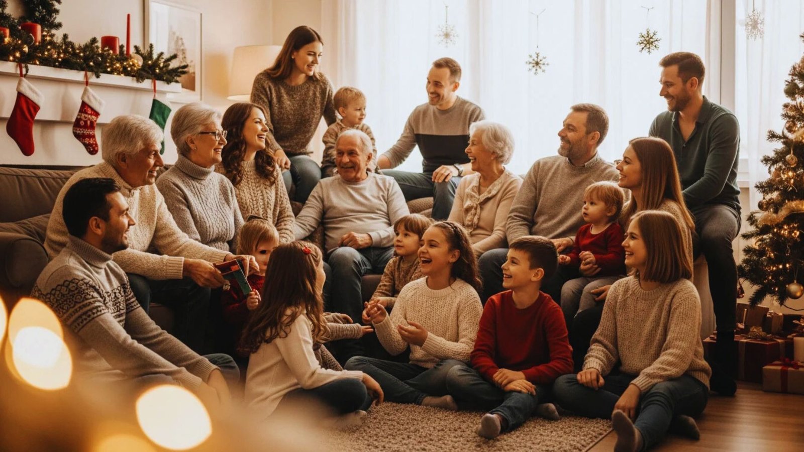 A joyful, multigenerational family gathers in a cozy living room decorated with a Christmas tree and stockings, sharing laughter and festive cheer.
