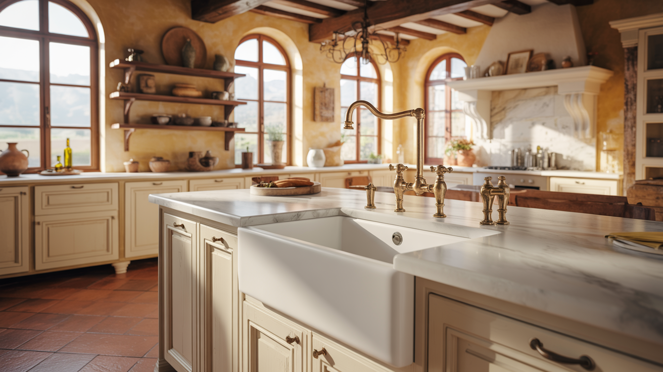 A sunlit rustic kitchen with arched windows, wooden beams, and terracotta floor. Features a farmhouse sink, marble countertops, and open shelves. Cozy and warm ambiance.