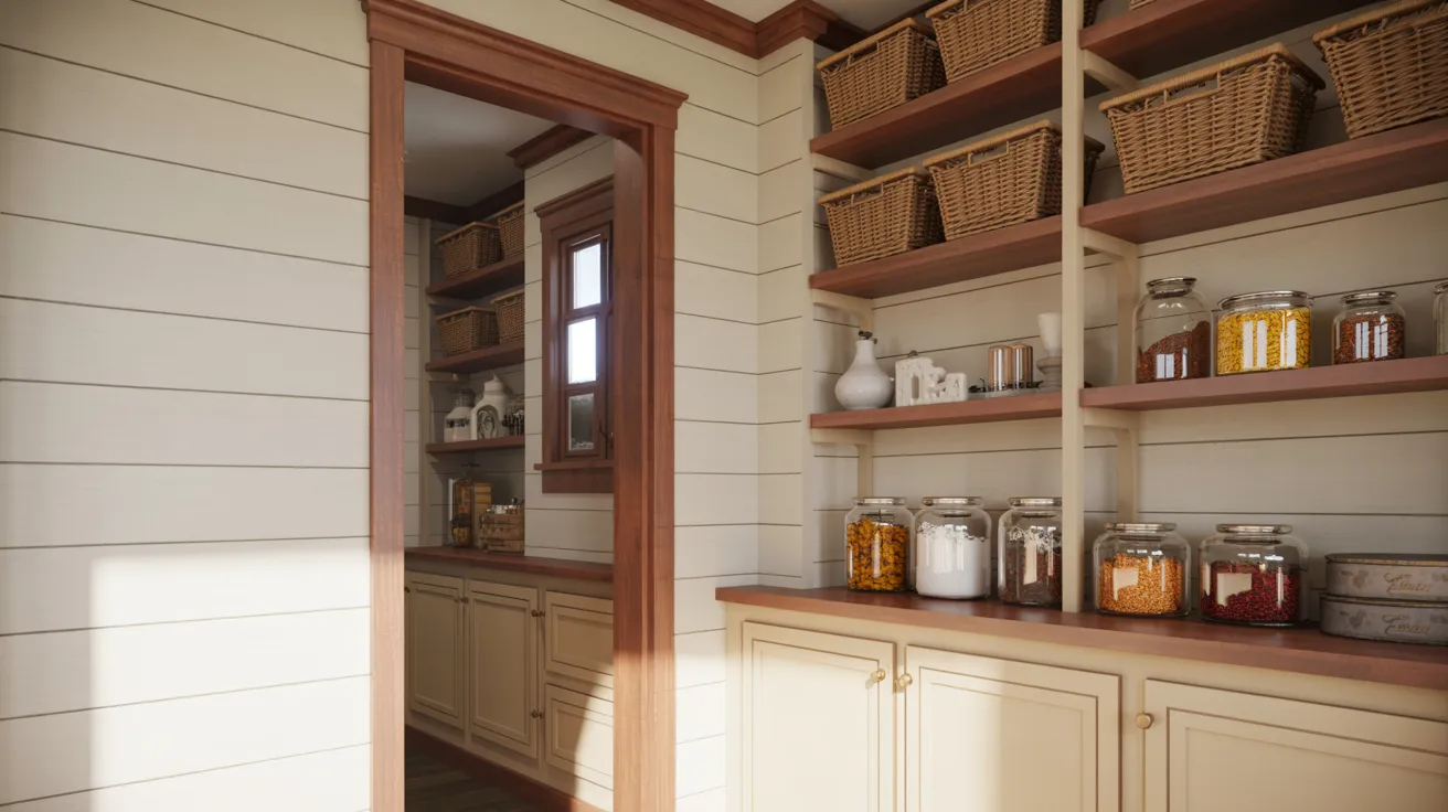 A bright pantry with wooden shelves filled with wicker baskets and glass jars. Warm tones and sunlight create a cozy, organized atmosphere.