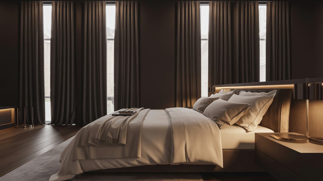  Luxurious bedroom with a large, neatly made bed and multiple pillows. Soft lighting highlights dark curtains and sleek nightstands, creating a serene atmosphere.