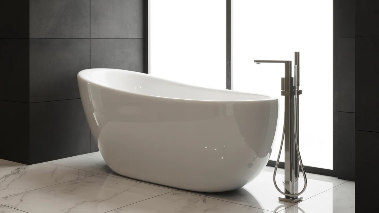 Sleek, white, oval bathtub with a modern faucet on a patterned marble floor, set against a dark-tiled wall and large, bright window, creating a serene, luxurious ambiance.