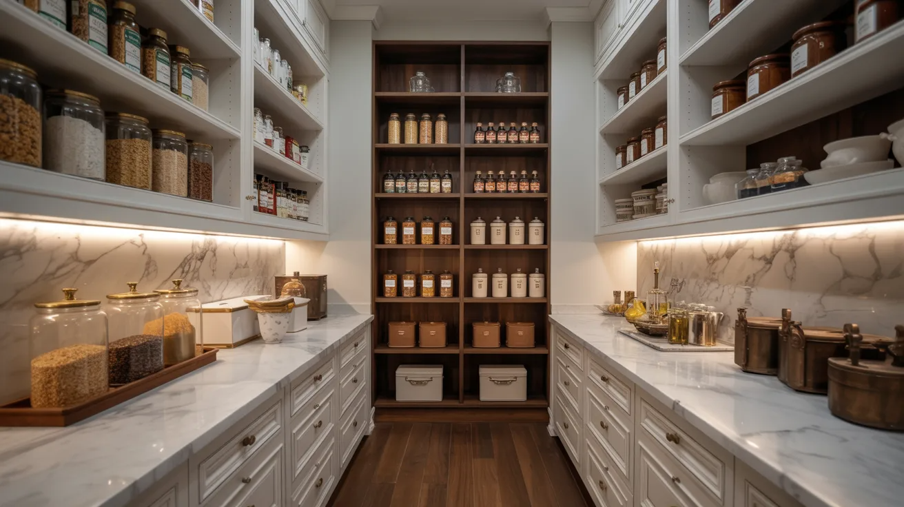 A well-organized pantry with marble countertops, wooden shelves, and neatly labeled jars. Warm lighting adds a cozy, inviting atmosphere.