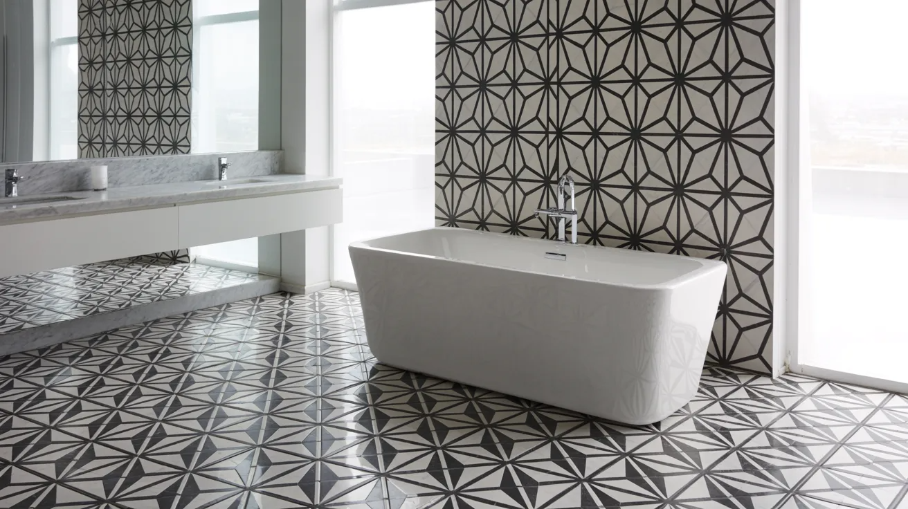 Modern bathroom with a sleek white bathtub and geometric black-and-white patterned tiles on the floor and wall. A long mirror above a marble sink.