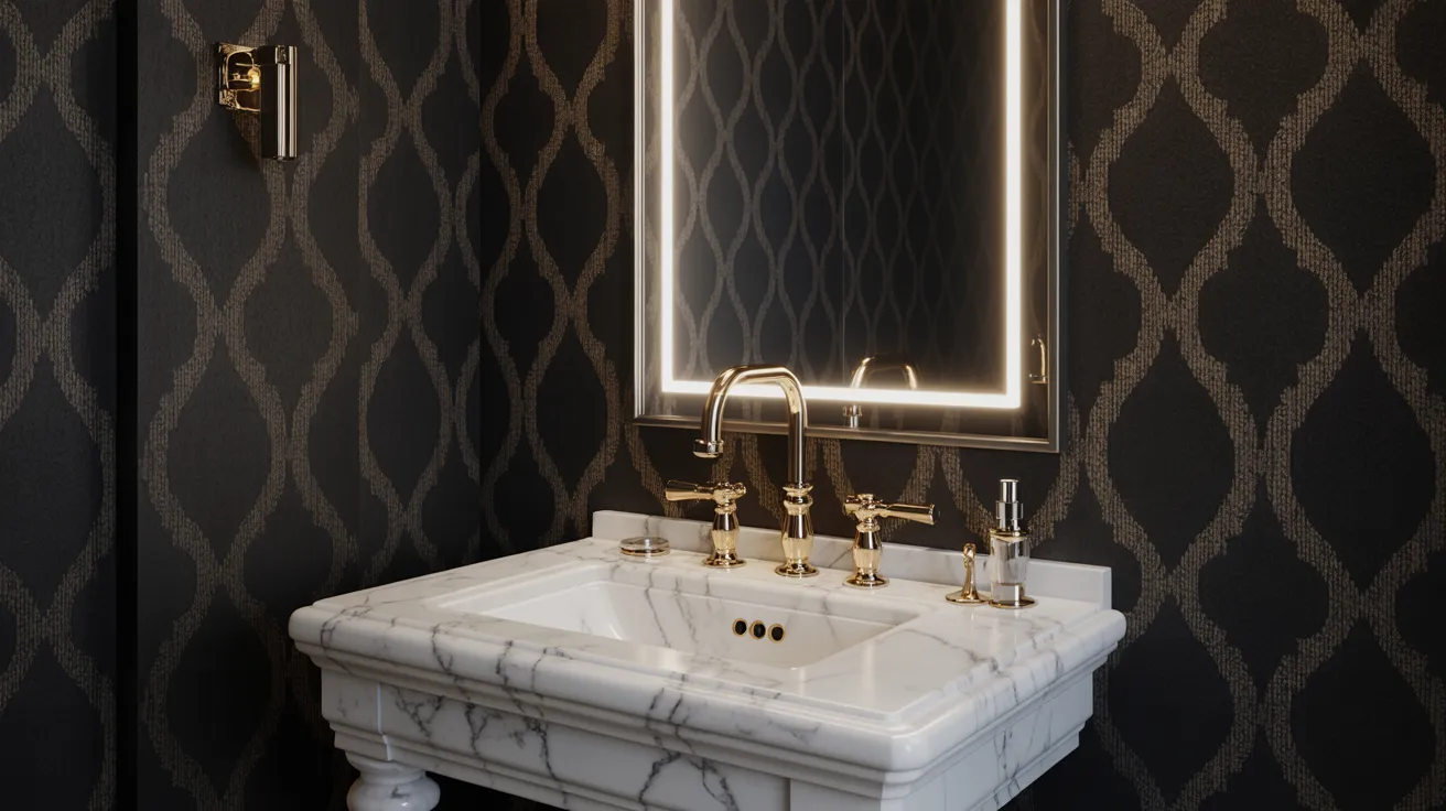 Luxurious bathroom with elegant black and gold patterned wallpaper, a large illuminated mirror, and a white marble sink with gold fixtures, emanating sophistication.