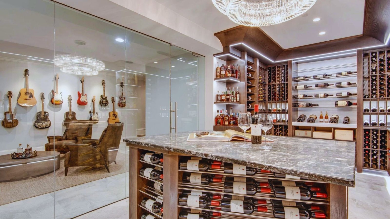  Luxurious wine cellar with wooden shelves stocked with wine bottles. Glass-enclosed lounge with guitars on the wall and cozy chairs. Elegant and inviting ambiance.