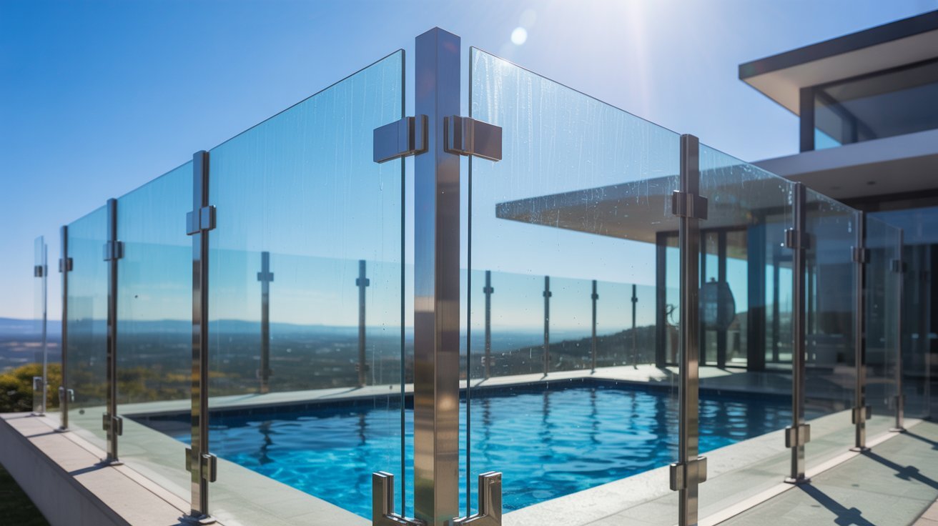 A modern glass pool fence surrounds a clear blue infinity pool with a scenic view of a distant landscape under a bright blue sky.