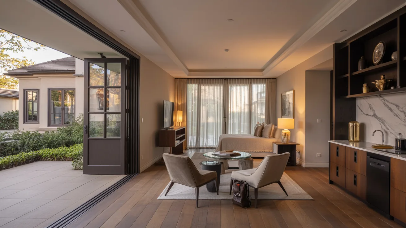 Luxurious open-plan bedroom and living area with modern decor. Features cozy seating, a view of a patio and garden, soft lighting, and warm wood tones.