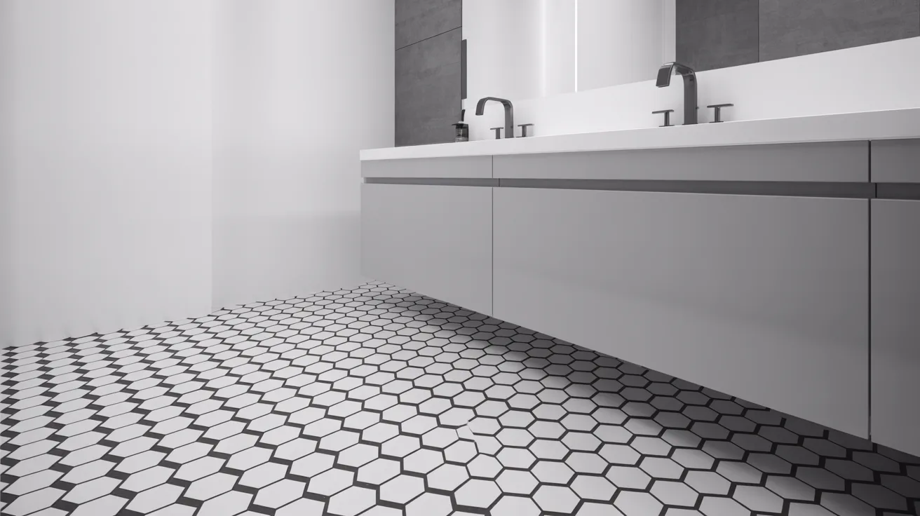 A modern bathroom features a white countertop with a dual faucet sink and a sleek, minimalist cabinet. The floor showcases a black and white hexagonal tile pattern, creating a crisp and clean aesthetic.