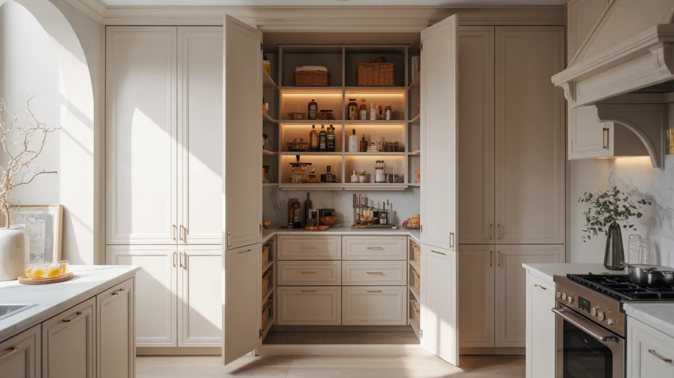 A sunlit kitchen features an open pantry with organized shelves of jars and baskets. Light beige cabinets and sleek countertops give a tidy, modern feel.
