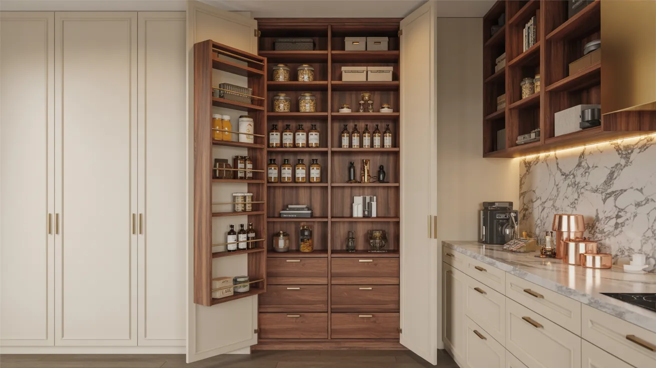 Open kitchen pantry with neatly organized shelves and jars, adjacent to a marble countertop with a coffee machine. The scene conveys warmth and order.