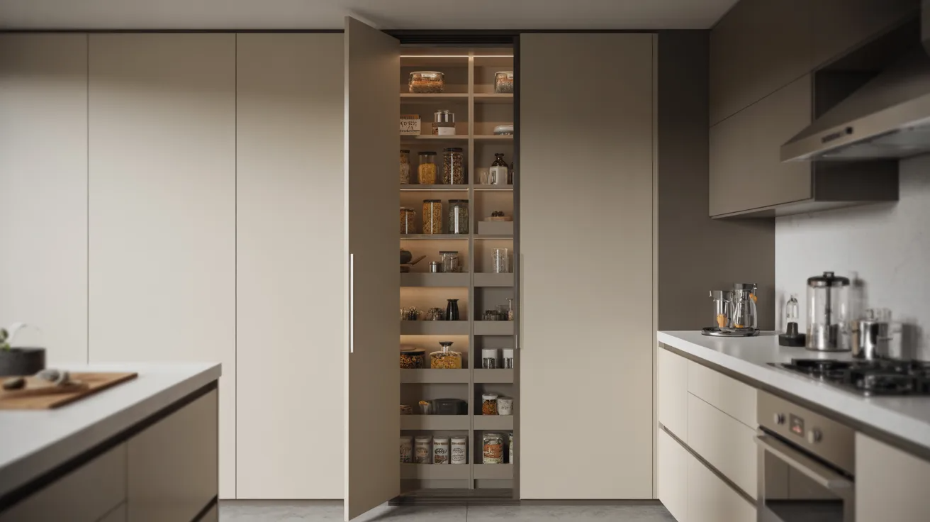 Modern kitchen with sleek beige cabinets. A tall pantry door is open, revealing neatly organized shelves with jars and containers. Bright, inviting atmosphere.