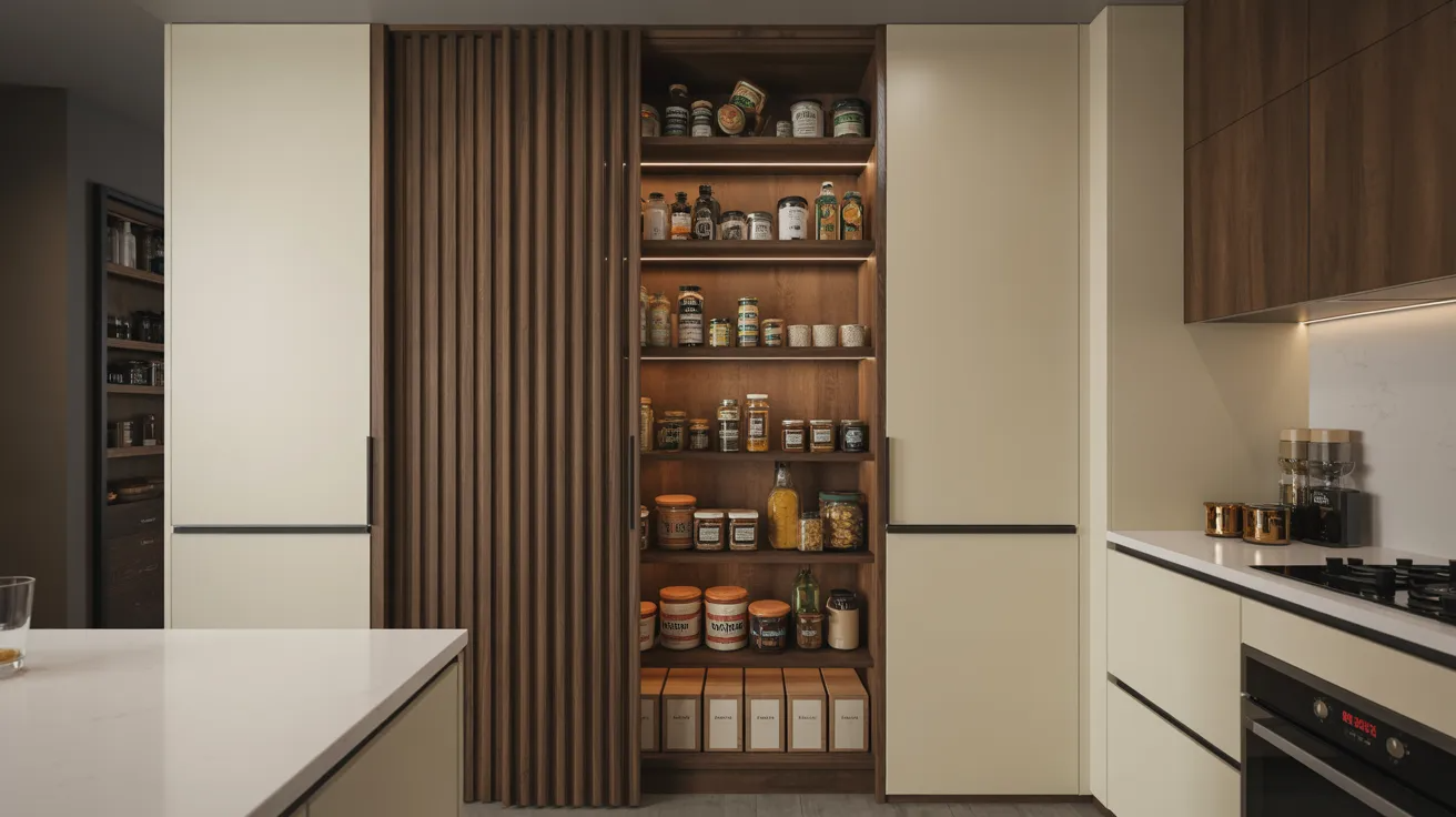 Modern kitchen interior with a partially open pantry. Shelves are neatly stocked with jars and containers. Neutral tones create a sleek, organized feel.