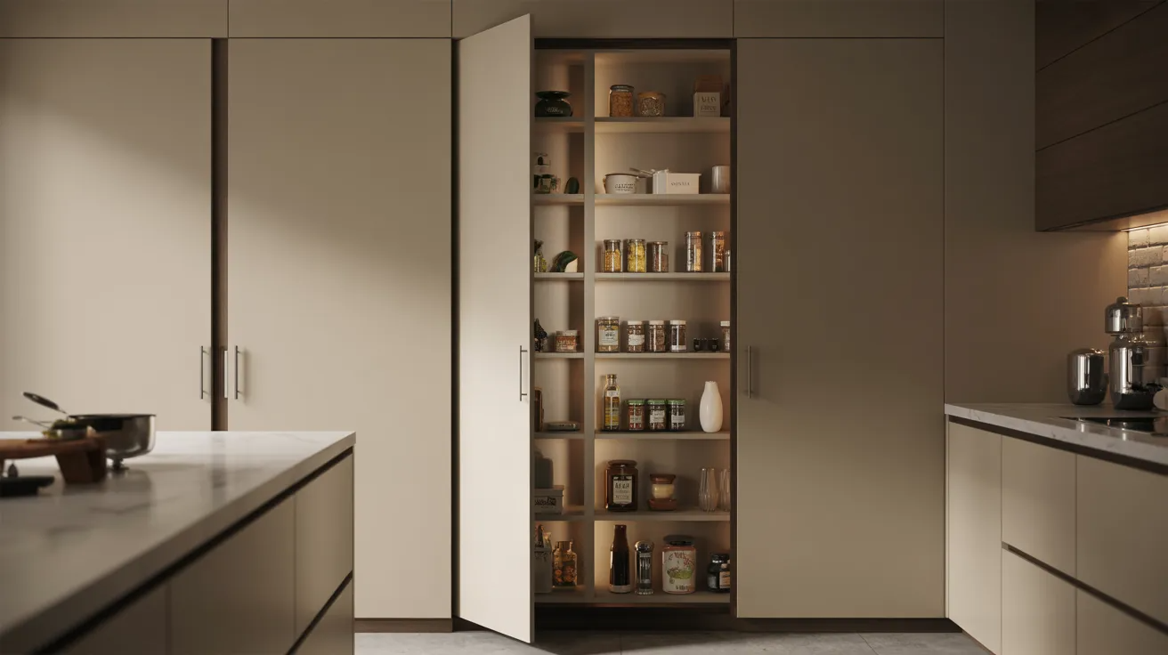A modern kitchen with an open pantry door reveals neatly organized shelves of jars, spices, and containers. The room is sleek and minimalist, exuding warmth.
