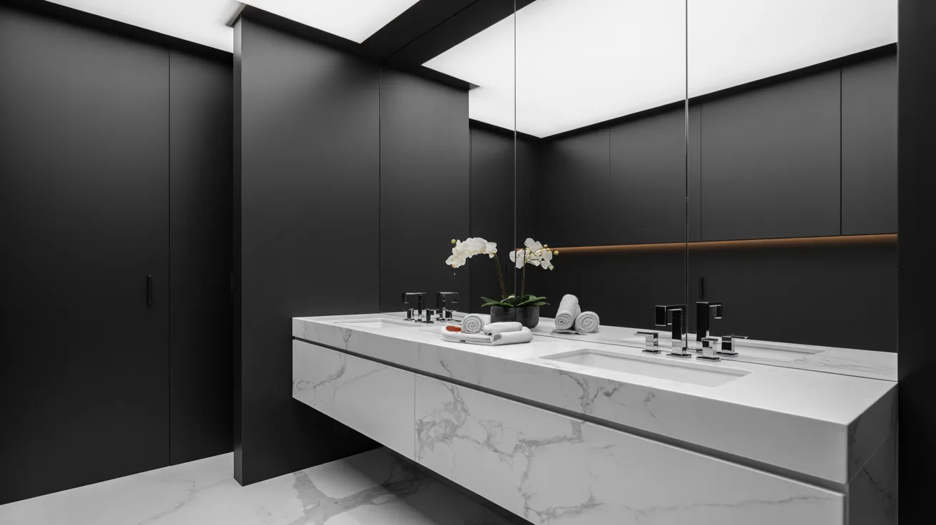 Sleek modern bathroom with black walls, a large mirror, and a white marble countertop. Elegant orchids and neatly rolled towels add a sophisticated touch.