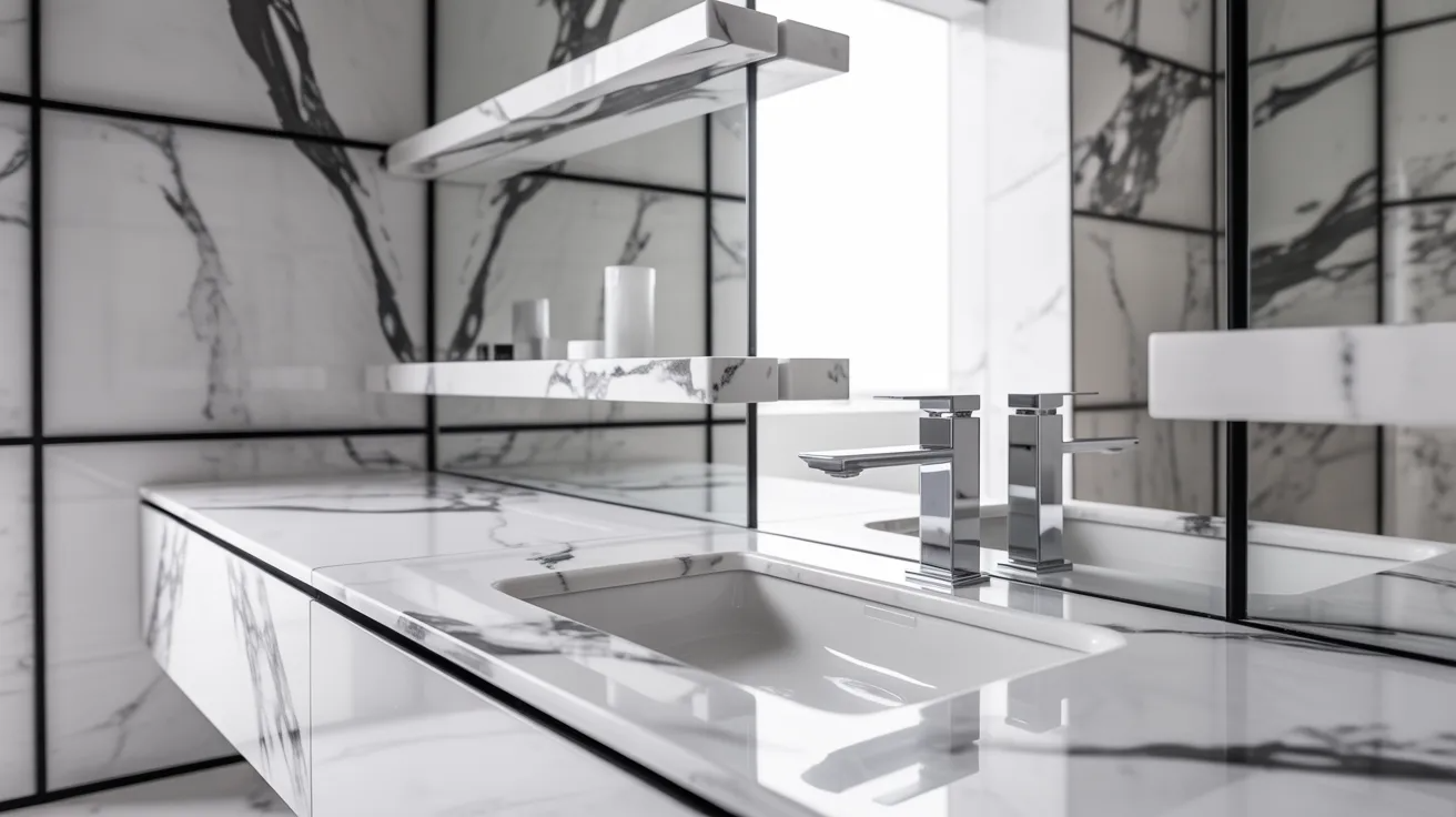 Sleek marble bathroom with a modern sink, chrome fixtures, and two floating shelves. The bright, minimalist space exudes elegance and sophistication.