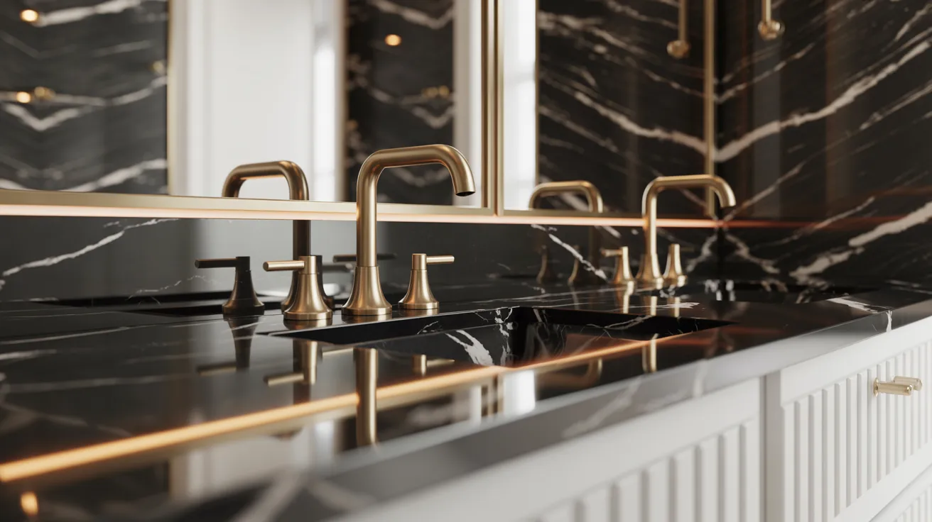 High-End Monochrome Bathroom With Brass Accents