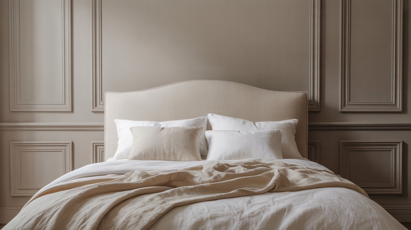 Elegant bedroom with a neutral palette features a plush bed with white and beige pillows and a soft comforter, set against a paneled wall, exuding calm and sophistication.