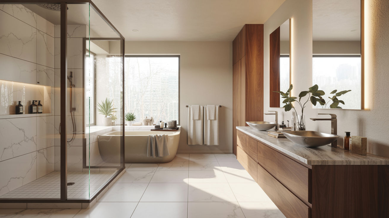 A modern, sunlit bathroom with a glass shower, standalone tub by a large window, double vanity with vessel sinks, and plants, conveying a serene, spa-like ambiance.