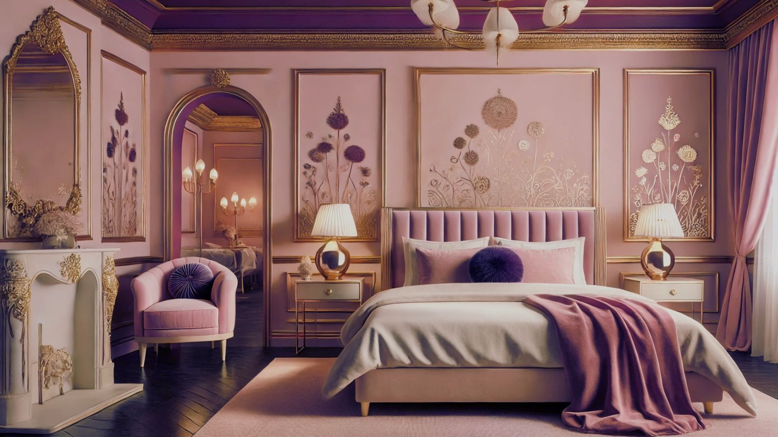 Elegant bedroom in soft pink and gold tones. Features a plush bed with purple accents, ornate mirror, armchair, and floral wall designs, exuding luxury.