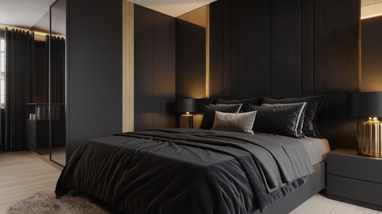 A modern bedroom with a sleek, dark color scheme featuring a large bed with black bedding and pillows, flanked by two bedside tables with gold lamps.