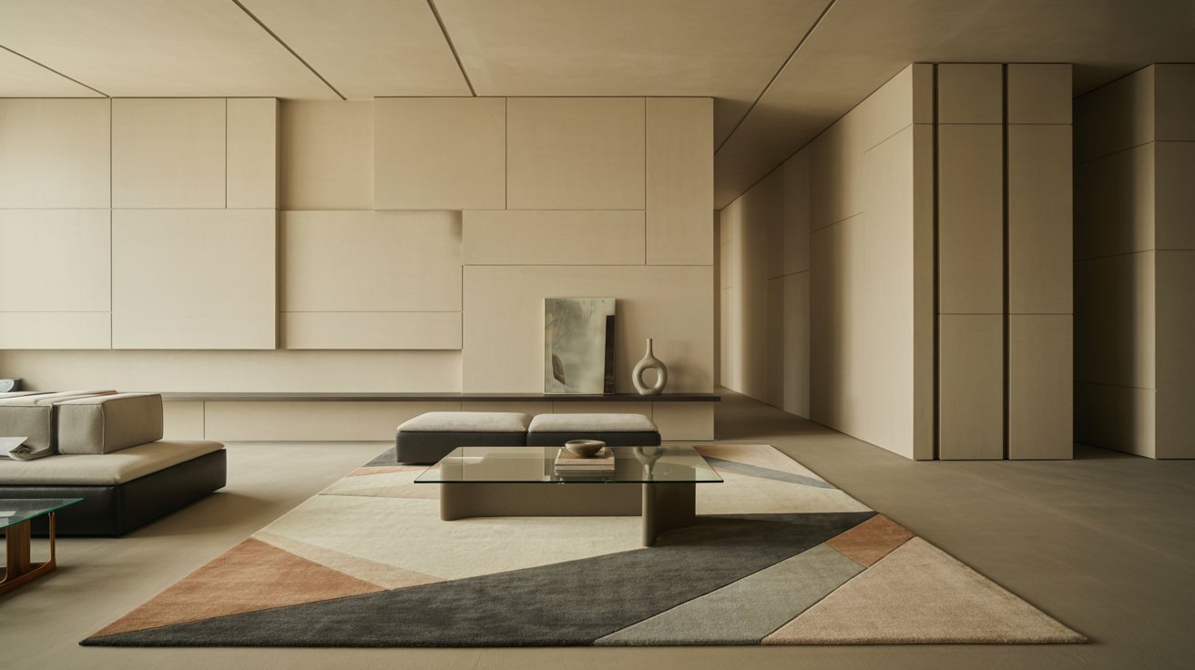 Minimalist room with geometric wall panels, a sectional sofa, and a glass coffee table on a patterned rug. Neutral tones create a calm atmosphere.