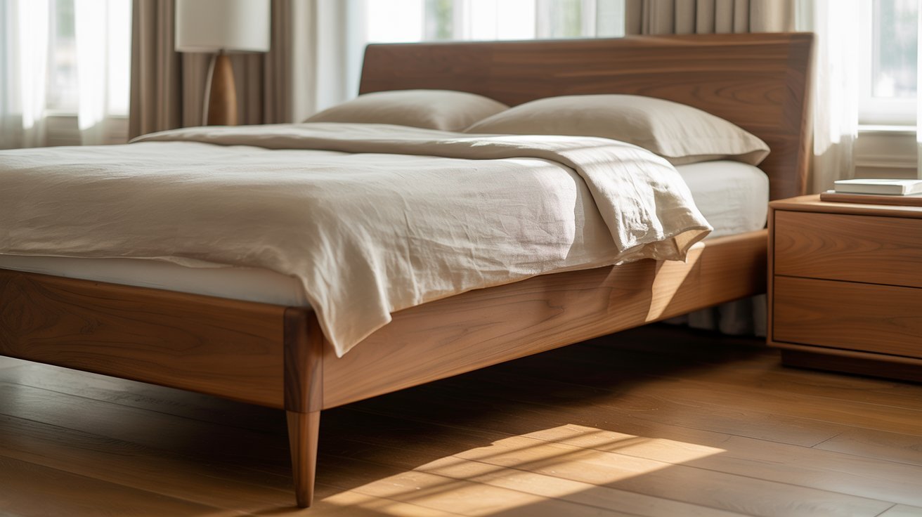 A cozy bedroom with a wooden bed frame, beige sheets, and pillows. Soft sunlight filters through curtains, creating a serene and inviting atmosphere.