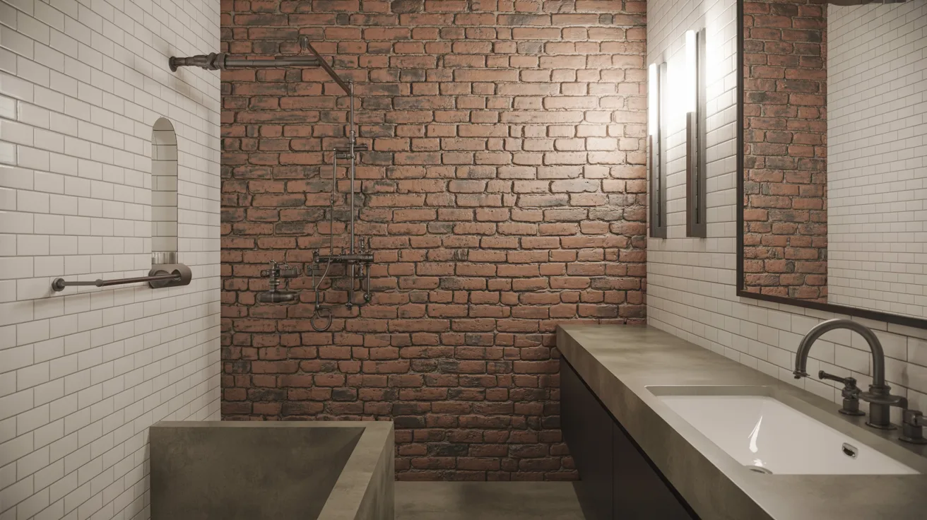 A modern bathroom with a rustic feel, featuring a textured red brick wall, white subway tiles, and industrial-style fixtures, conveying a sleek yet warm ambiance.