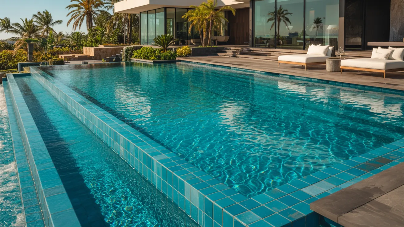 Luxurious modern villa with large, sparkling blue pool surrounded by lush palm trees and stylish patio furniture. The scene feels serene and inviting.