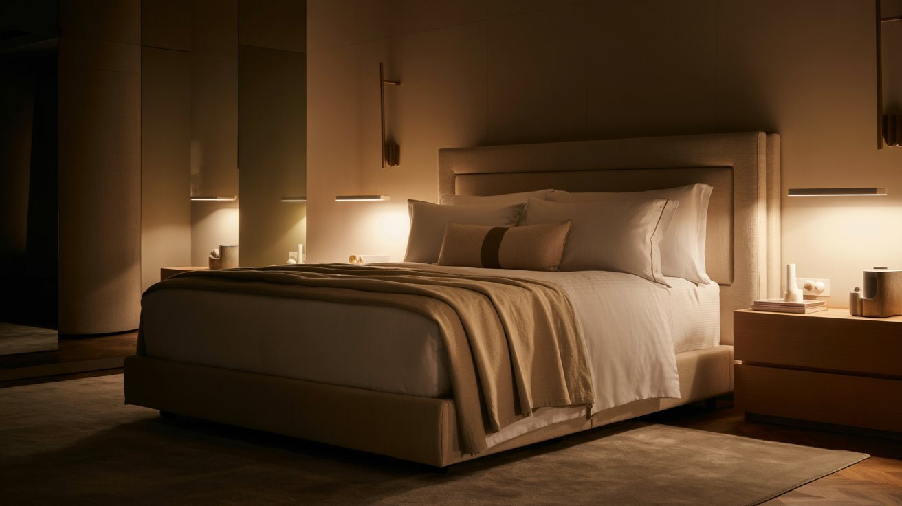 A cozy bedroom features a large beige bed with crisp white linens and a soft tan blanket. Warm lighting creates a calm, inviting atmosphere.