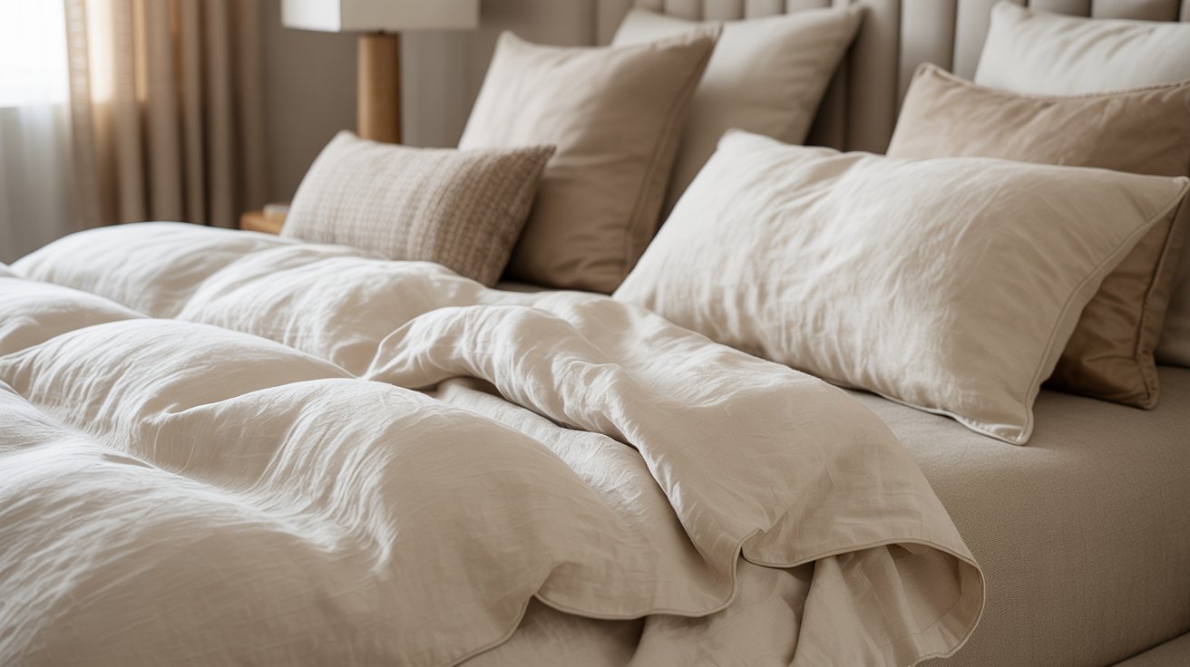 A cozy bed with soft, beige linens and several matching pillows. The scene conveys warmth and comfort, with light streaming through a window.