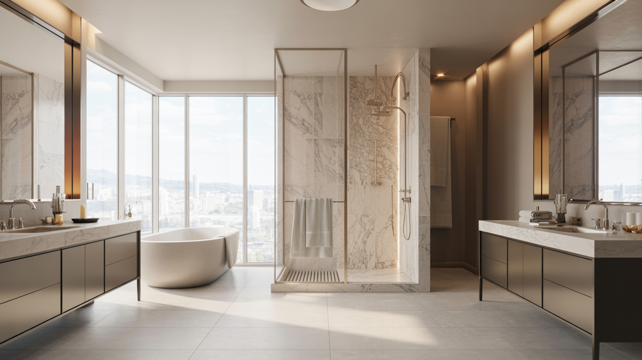 Luxurious bathroom with marble accents, featuring a freestanding bathtub, glass shower, dual vanities, and panoramic city views through large windows.