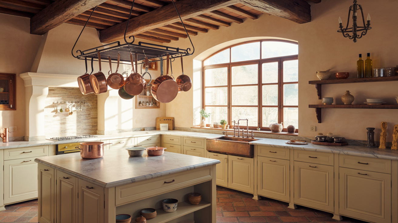 Rustic kitchen with cream cabinets, copper pots on a hanging rack, and a large window. Marble countertops and wooden beams create a warm, inviting atmosphere.