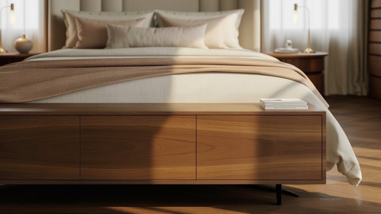 Cozy bedroom with a beige and cream bed, wooden nightstands, and soft lighting. A book rests on a sleek wooden bench at the foot of the bed.