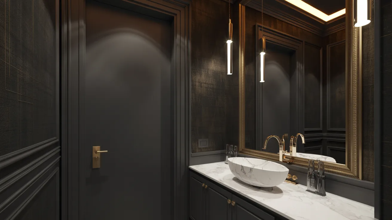 Luxurious bathroom with dark walls and a sleek design. Features a marble countertop with a stylish oval sink, gold fixtures, and a large ornate mirror.