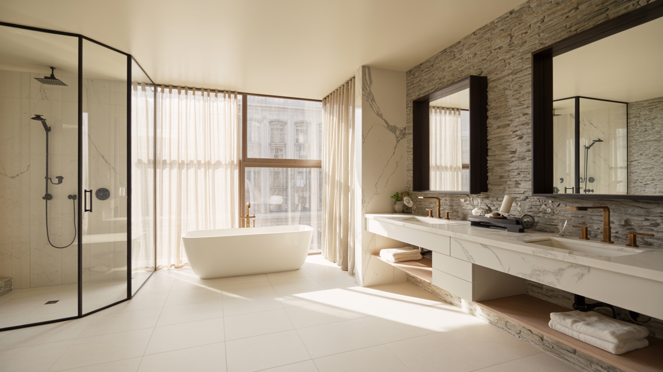 Luxurious bathroom with a freestanding tub, glass shower, marble countertops, and wall mirrors. Sunlight filters through sheer curtains, creating a serene atmosphere.