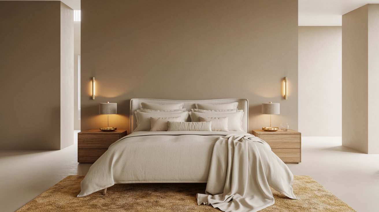 Modern bedroom with a beige color scheme featuring a large bed with plush pillows and a cozy blanket. Two wooden nightstands with lamps add warmth.