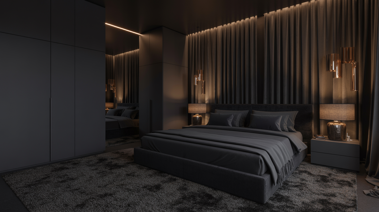 Luxurious dark-themed bedroom featuring a large bed with black bedding, soft ambient lighting, plush gray carpet, and elegant curtains for a cozy atmosphere.