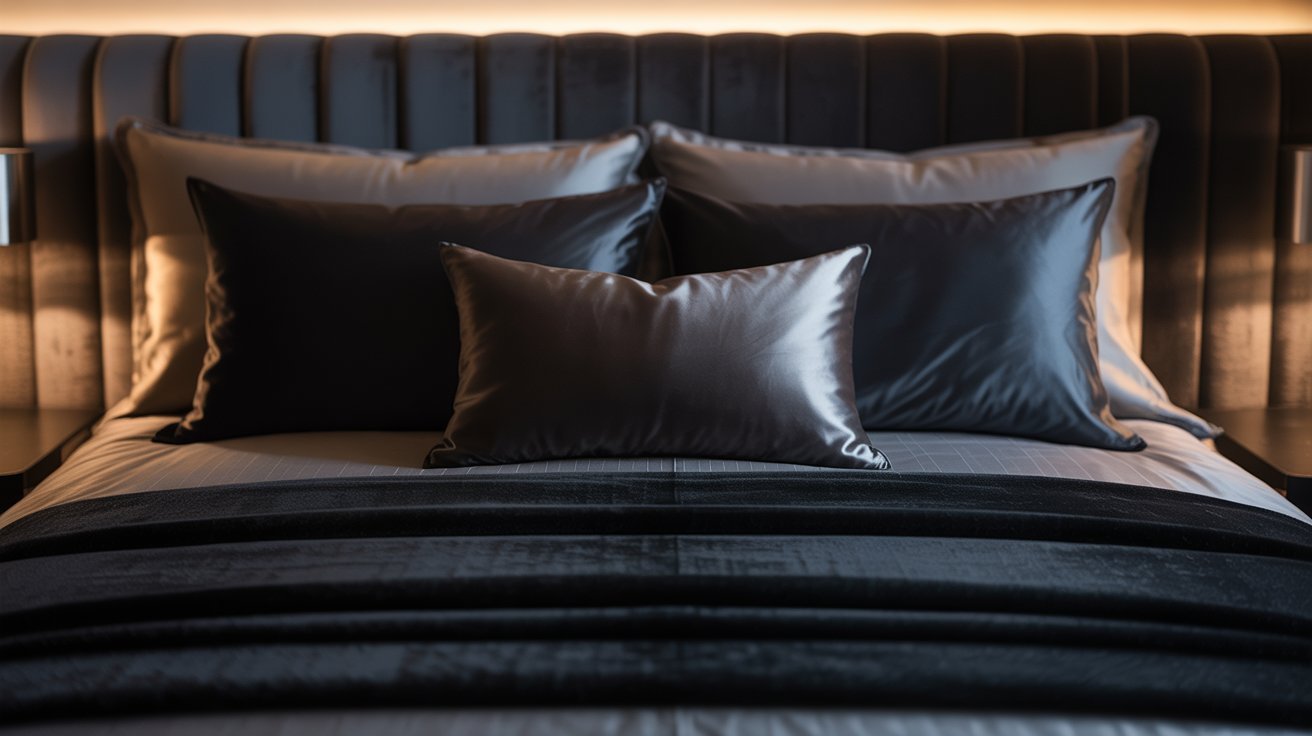 Luxurious bed with dark satin pillows and a velvet headboard, softly lit in a cozy setting. The bedding exudes elegance and tranquility.