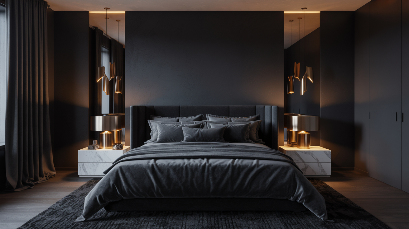 A modern bedroom with a dark color scheme. Features include a plush gray bed, elegant pendant lights, and sleek white nightstands, creating a cozy, sophisticated ambiance.
