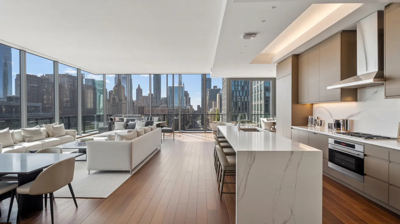 Luxurious open-plan apartment with floor-to-ceiling windows showcasing a cityscape. Features sleek kitchen, marble island, white sofas, and wooden floors.