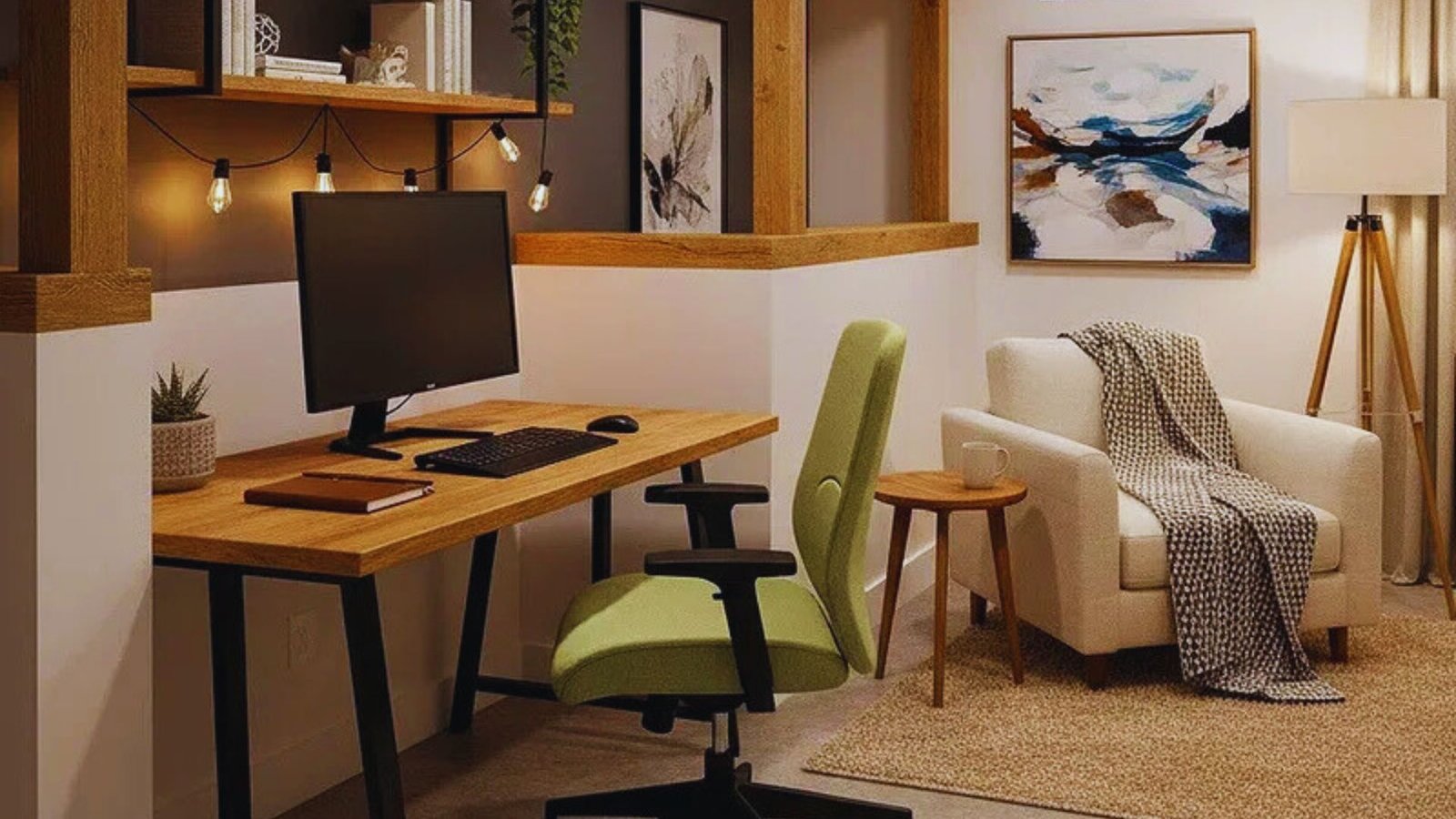 A cozy home office features a wooden desk with a computer, green chair, and potted cactus. Nearby, a white armchair with a blanket, a wooden side table, warm toned artwork, and a standing lamp create an inviting ambiance.