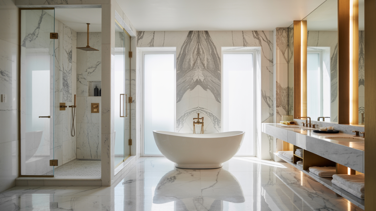 Luxurious bathroom with a freestanding oval bathtub, marble floors and walls, glass shower enclosure, and a double sink vanity with warm lighting.