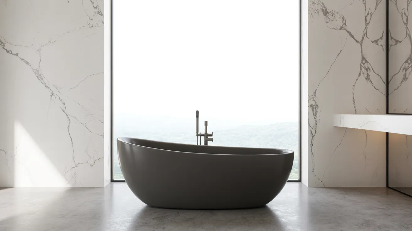 Sleek modern bathroom featuring a dark freestanding bathtub on a light marble floor, large window behind, and elegant marble walls, creating a serene, minimalist vibe.