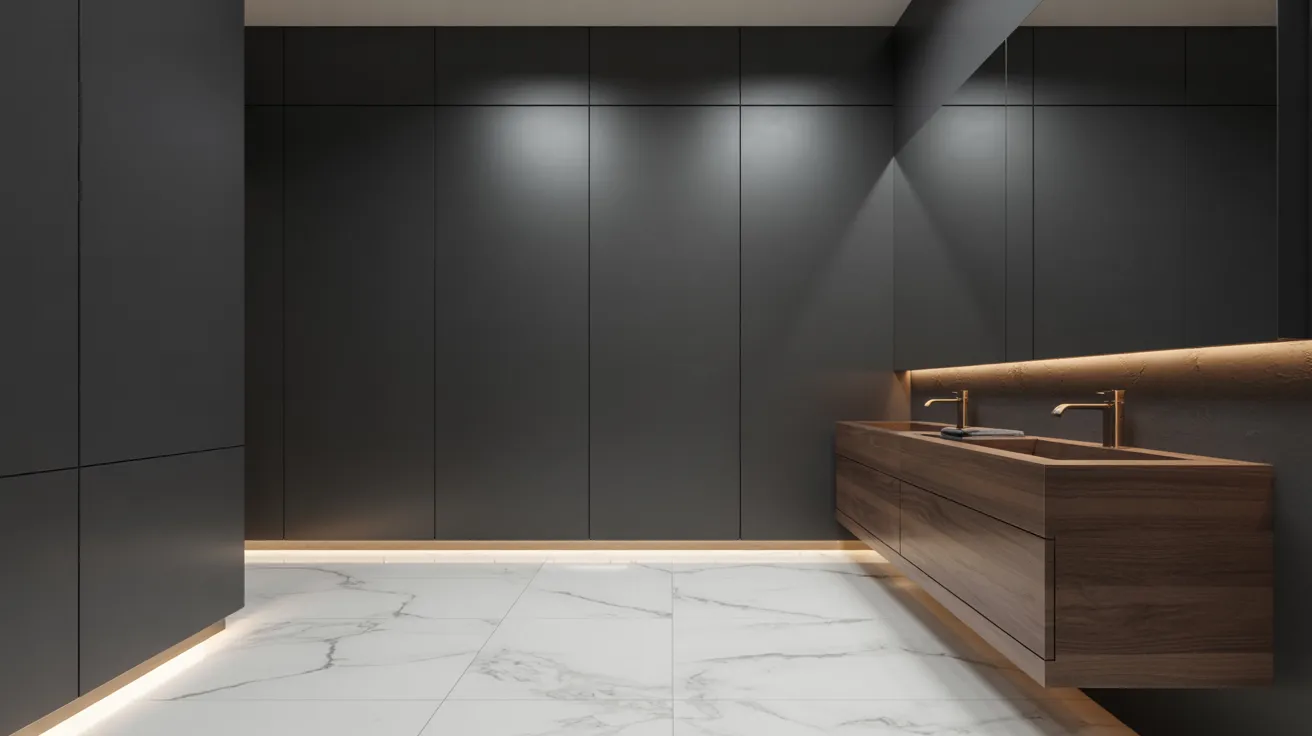 Sleek modern bathroom with dark paneled walls, a large mirror, and a wooden floating vanity. White marble floor adds elegance and contrast.