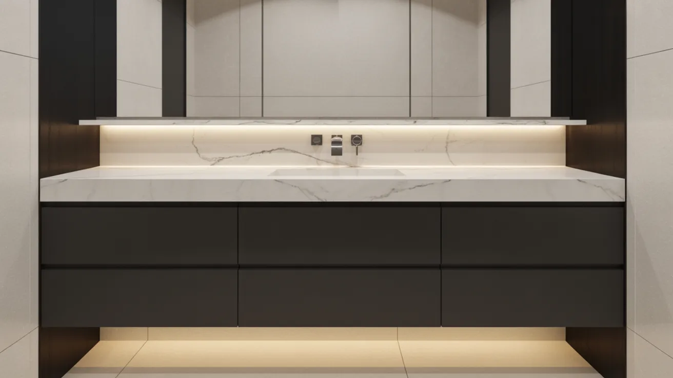 Modern kitchen with sleek, black cabinets and a white marble countertop. Under-cabinet lighting creates a minimalist, elegant atmosphere.