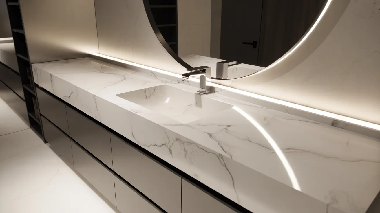 Modern bathroom with a sleek white marble countertop and integrated sink. A large round mirror with LED backlighting creates a sophisticated ambiance.