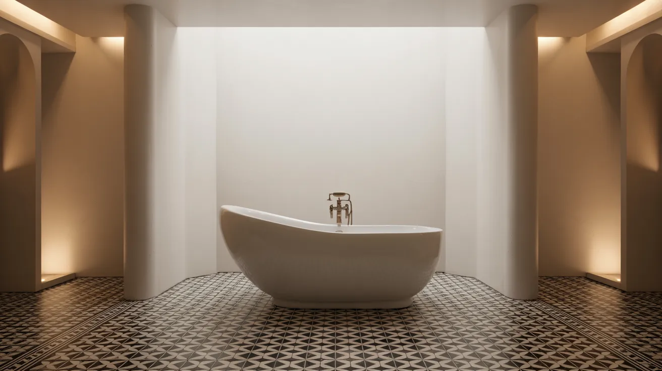 A stylish bathtub sits in a room featuring a striking black and white floor design.