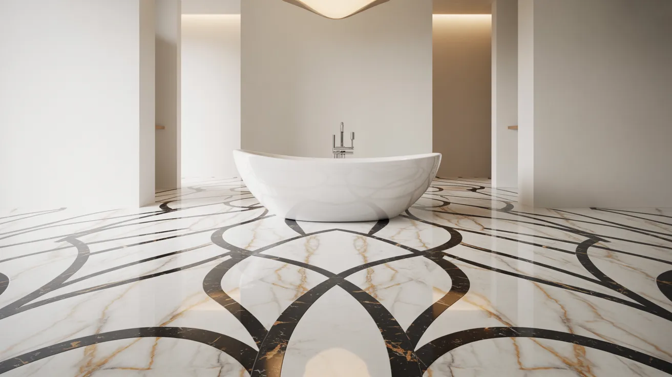 A serene bathroom features a sleek, white bathtub centered on an ornate marble floor with black and gold arched patterns, accented by minimalist white walls.